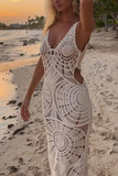 Sexy Vacation Solid Hook Flower Hollowed Out V Neck Beach Dresses