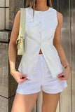 Casual Simplicity Solid Buttons Slit O Neck Sleeveless Two Pieces