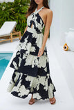 Elegant Floral Print Lace Up Backless Flounce Halter Cake Skirt Dresses