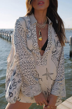 Casual Graffiti Print Tassel Contrast V Neck Long Sleeve Two Pieces