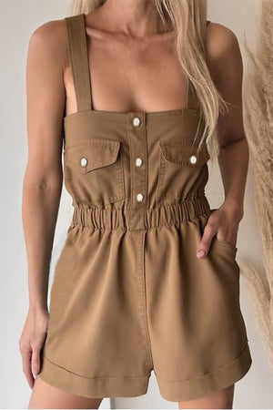 Casual Solid Color Pocket Square Neck Rompers