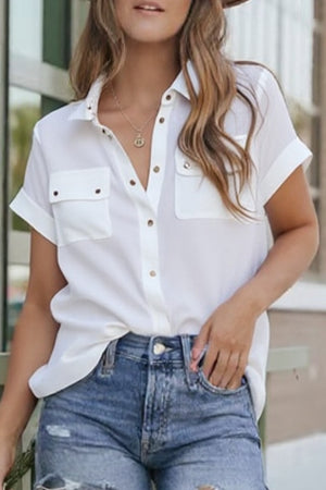 Daily Solid Color Pocket Buttons Turndown Collar Tops