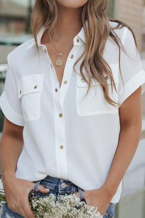 Daily Solid Color Pocket Buttons Turndown Collar Tops