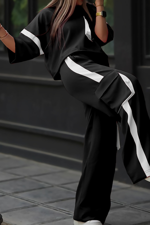 Casual Solid Color Pocket Contrast O Neck Half Sleeve Two Pieces