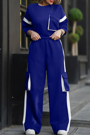 Casual Solid Color Pocket Contrast O Neck Half Sleeve Two Pieces