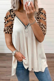 Casual Leopard Hollowed Out Zipper V Neck T-Shirts(7 Colors)