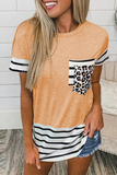 Casual Striped Leopard Split Joint Pocket O Neck T-Shirts(10 Colors)
