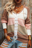 Casual Patchwork Draw String Cross Straps Contrast Hooded Collar Tops(7 Colors)