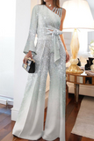 Fashion Patchwork Sequins One Shoulder Long Sleeve Two Pieces(3 Colors)