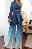 Fashion Patchwork Sequins One Shoulder Long Sleeve Two Pieces(3 Colors)