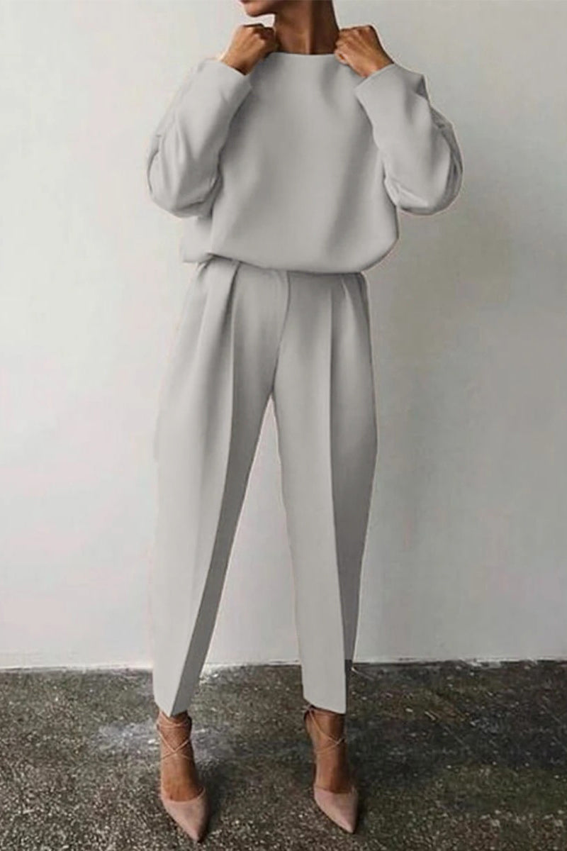 Casual Solid Color O Neck Long Sleeve Two Pieces(3 Colors)