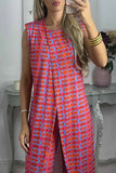 Casual Print Slit O Neck Sleeveless Two Pieces