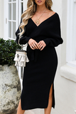 Casual Elegant Solid Backless Slit Strap Design V Neck Pencil Skirt Dresses