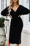 Casual Elegant Solid Backless Slit Strap Design V Neck Pencil Skirt Dresses