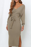 Casual Elegant Solid Backless Slit Strap Design V Neck Pencil Skirt Dresses