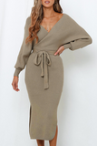 Casual Elegant Solid Backless Slit Strap Design V Neck Pencil Skirt Dresses