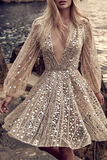Fashion Bronzing Patchwork See-through V Neck Evening Dress Dresses