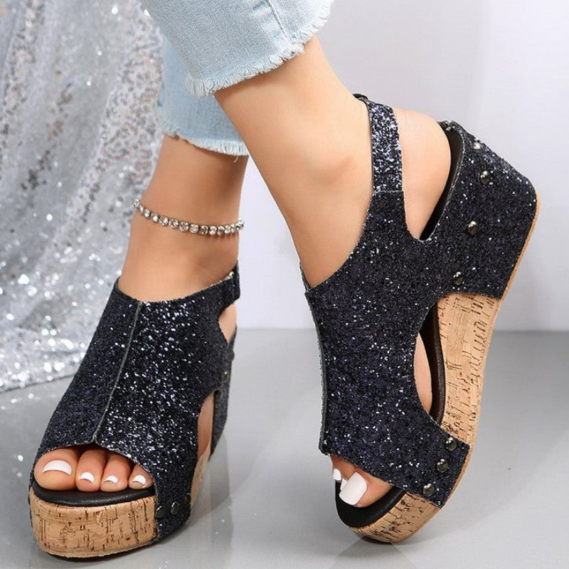 Casual Hollowed Out Sequins Patchwork Fish Mouth Out Door Wedges Shoes