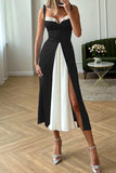 Sexy Casual Patchwork Backless Slit Contrast Spaghetti Strap Sleeveless Dress Dresses