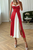 Sexy Casual Patchwork Backless Slit Contrast Spaghetti Strap Sleeveless Dress Dresses