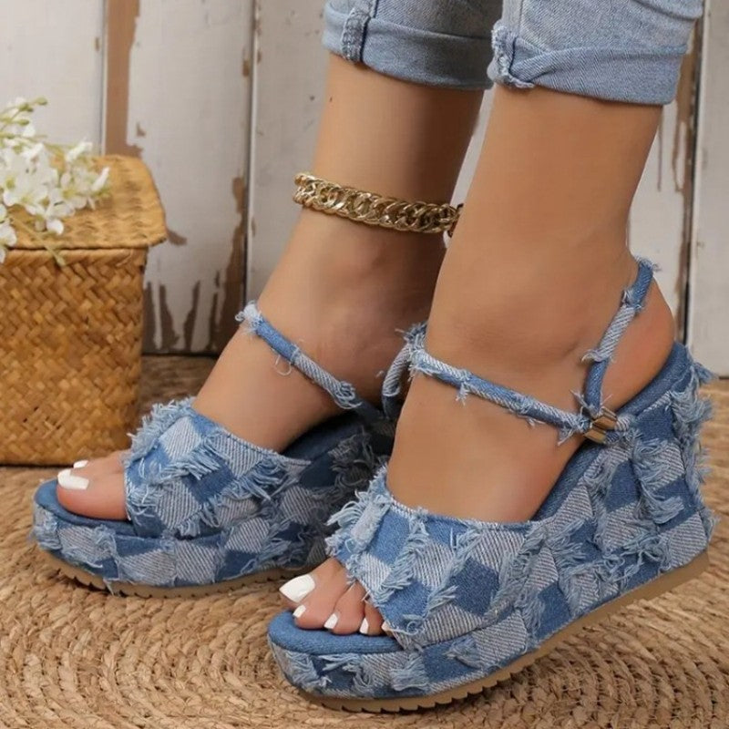 Casual Patchwork Fish Mouth Out Door Wedges Shoes