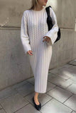 Elegant Simplicity Solid Weave O Neck Long Sleeve Dresses