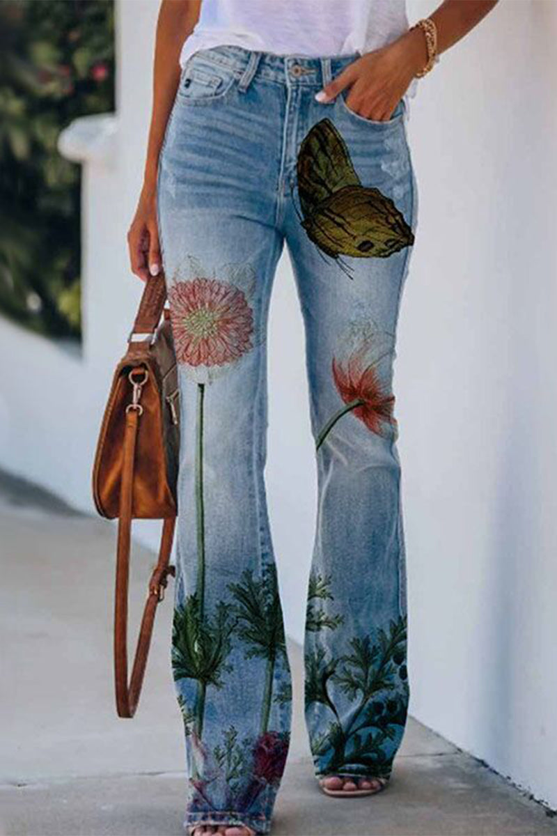 Casual Floral Pocket Regular Denim Jeans(9 Colors)