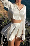 Elegant Solid Asymmetrical V Neck Long Sleeve Two Pieces