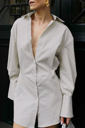 Elegant Striped Patchwork Buttons Turndown Collar Shirt Dress Dresses