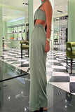 Elegant Solid Backless Asymmetrical Halter Long Sleeve Two Pieces
