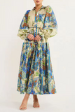 Elegant Floral Frenulum Turndown Collar Waist Skirt Dresses