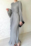 Street Solid Patchwork Pleated O Neck Long Dress Dresses