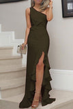 Elegant Solid Flounce Slit One Shoulder Evening Dress Dresses(8 Colors)
