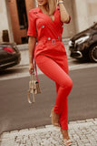 Casual Street Solid Patchwork Buttons Turn-back Collar Regular Jumpsuits(5 Colors)