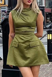 Street Simplicity Solid Fold O Neck Sleeveless Dress Dresses