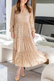 Celebrities Elegant Solid Sequins Sequined V Neck Long Sleeve Dresses