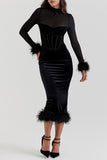 Celebrities Elegant Solid Feathers Turtleneck Waist Skirt Dresses