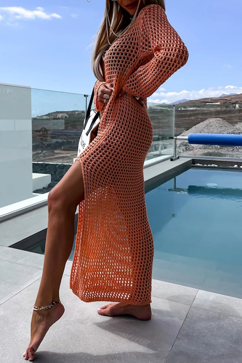 Sexy Vacation Solid Hollowed Out Slit Swimwears Cover Up