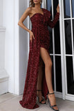 Elegant Formal Solid Sequins Slit Oblique Collar Evening Dress Dresses