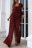 Elegant Formal Solid Sequins Slit Oblique Collar Evening Dress Dresses