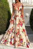 Elegant Floral Backless V Neck Printed Dress Dresses(3 Colors)