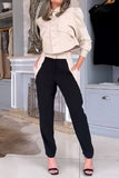 Casual British Style Color Block Pocket Contrast Turndown Collar Long Sleeve Two Pieces