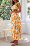 Sexy Vacation Floral Backless Flounce Strapless Sleeveless Two Pieces