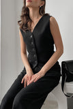 Casual British Style Solid Patchwork Buckle V Neck Sleeveless Two Pieces