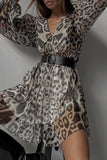 Vintage Elegant Leopard Patchwork With Belt Turndown Collar A Line Dresses