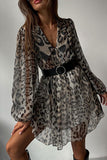 Vintage Elegant Leopard Patchwork With Belt Turndown Collar A Line Dresses