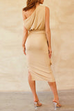 Celebrities Elegant Solid Slit Fold Asymmetrical Oblique Collar Wrapped Skirt Dresses