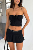 Sexy Solid Draw String Fold Strapless Sleeveless Two Pieces