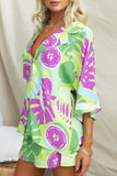 Casual Vacation Geometric Print Buttons Contrast Turndown Collar Half Sleeve Two Pieces