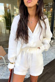 Casual Vacation Solid Draw String Pocket Turndown Collar Long Sleeve Two Pieces